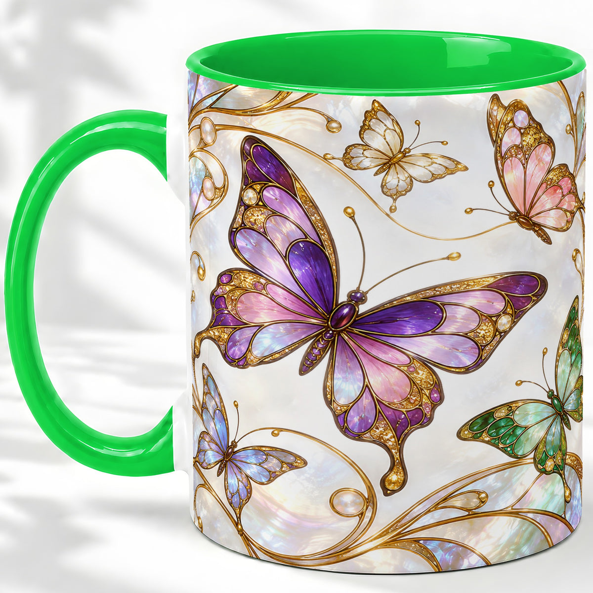 #pl[11oz|Green] Butterfly Stained Glass Style Ceramic Mug, Floral Artwork