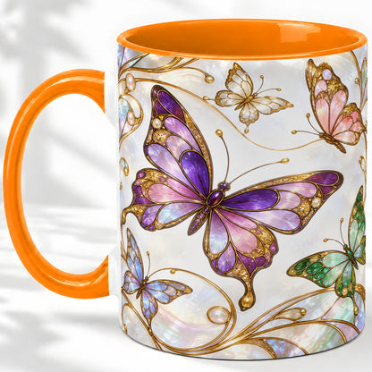 #pl[11oz|Orange] Butterfly Stained Glass Style Ceramic Mug, Floral Artwork