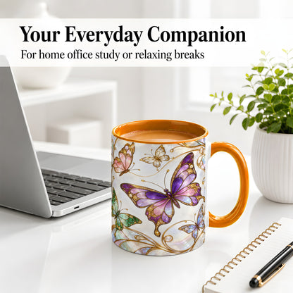 #pl[11oz|Orange] Butterfly Stained Glass Style Ceramic Mug, Floral Artwork