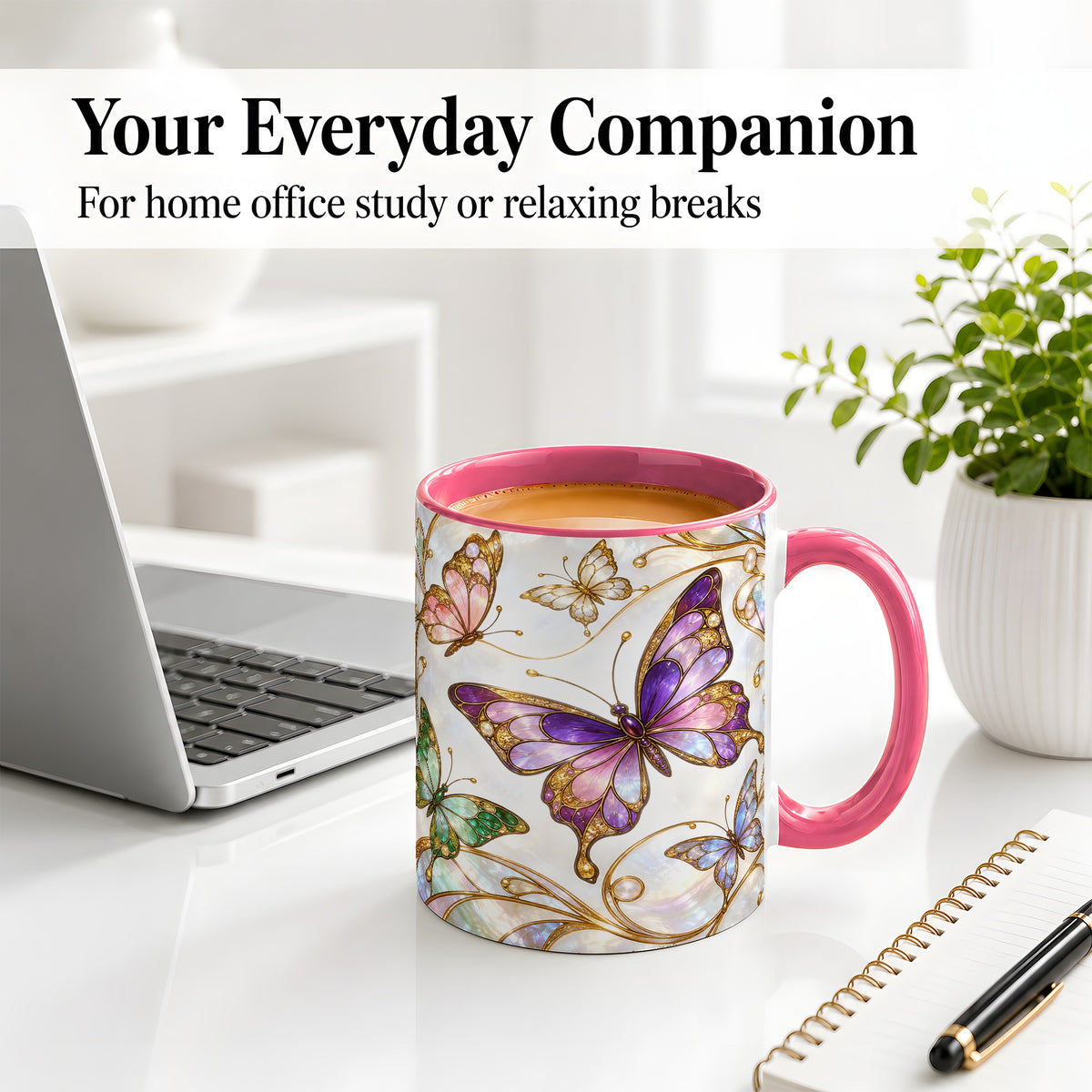 #pl[11oz|Pink] Butterfly Stained Glass Style Ceramic Mug, Floral Artwork