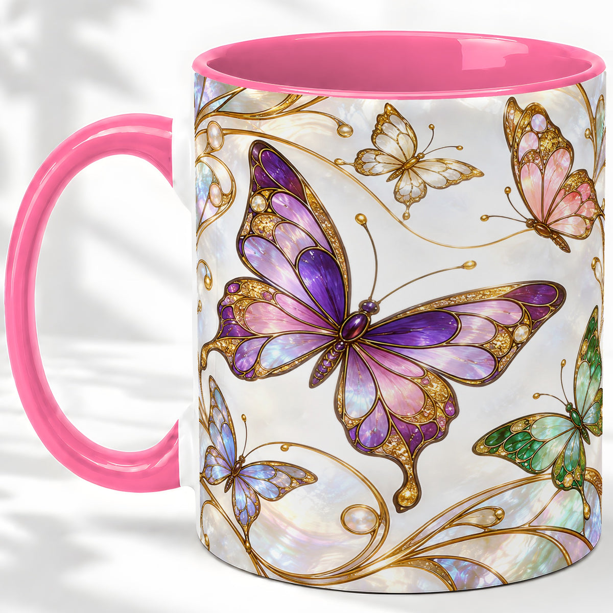 #pl[11oz|Pink] Butterfly Stained Glass Style Ceramic Mug, Floral Artwork