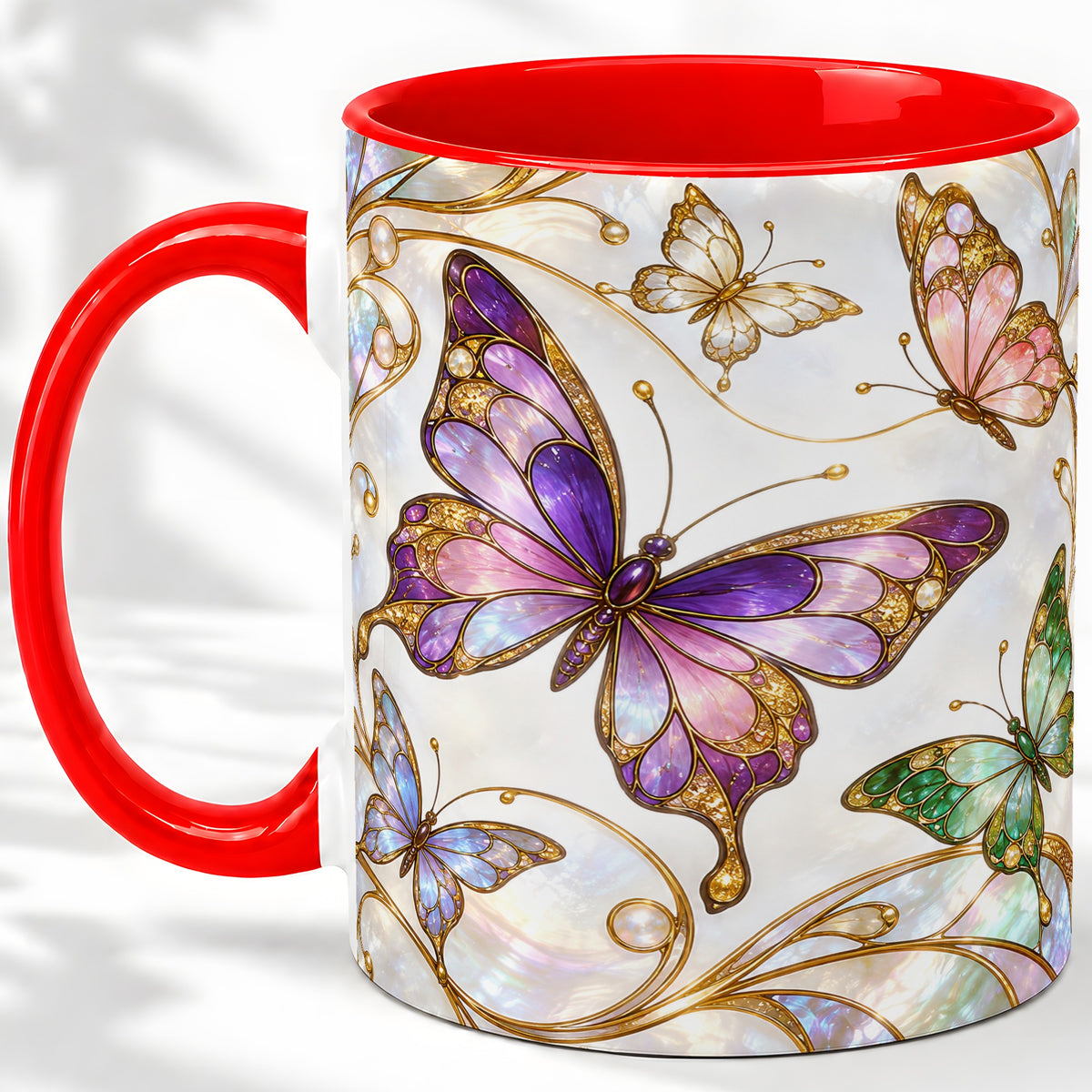 Butterfly Stained Glass Style Ceramic Mug, Floral Artwork