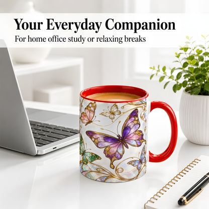 #pl[11oz|Red] Butterfly Stained Glass Style Ceramic Mug, Floral Artwork