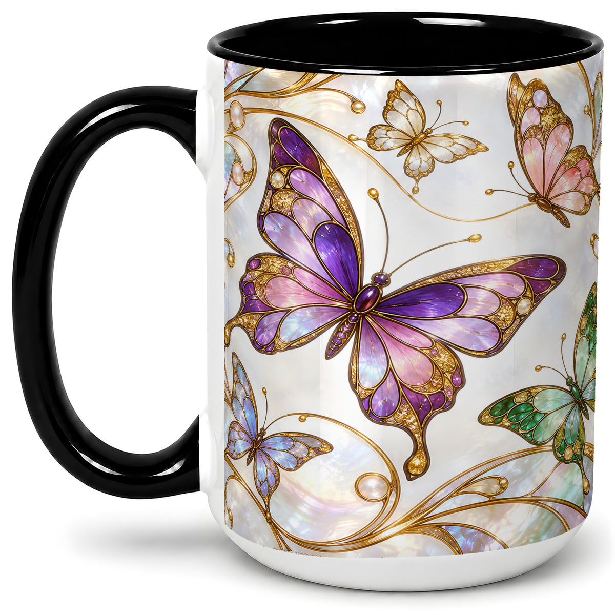 #pl[15oz|Black] Butterfly Stained Glass Style Ceramic Mug, Floral Artwork