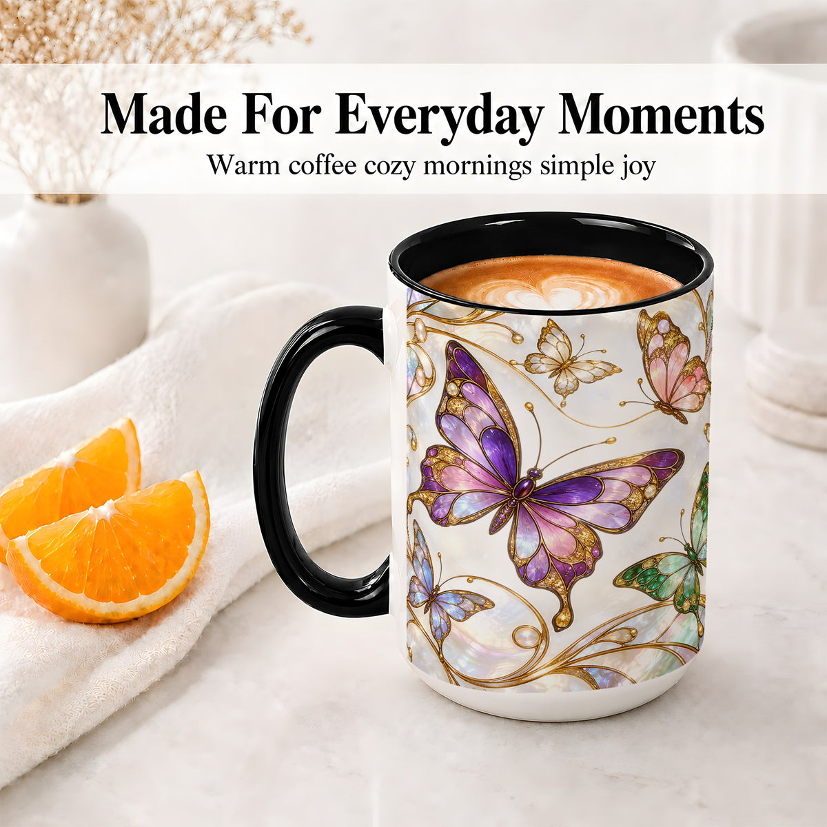 #pl[15oz|Black] Butterfly Stained Glass Style Ceramic Mug, Floral Artwork