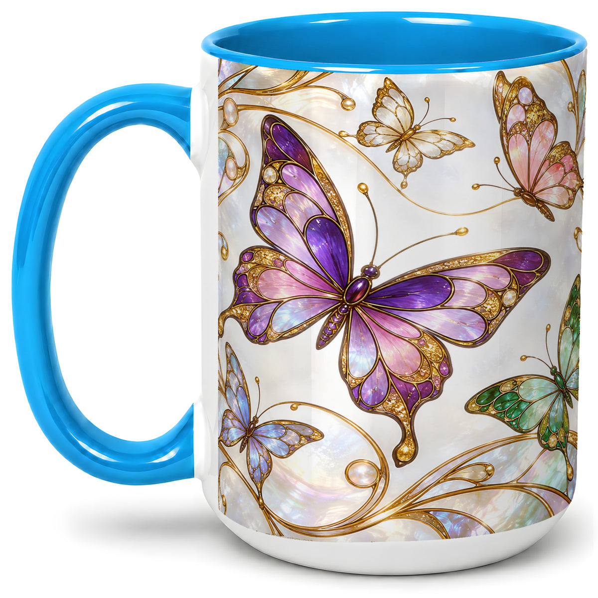#pl[15oz|Blue] Butterfly Stained Glass Style Ceramic Mug, Floral Artwork