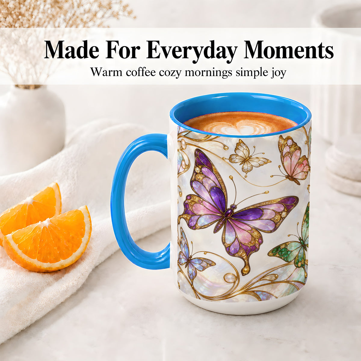 #pl[15oz|Blue] Butterfly Stained Glass Style Ceramic Mug, Floral Artwork