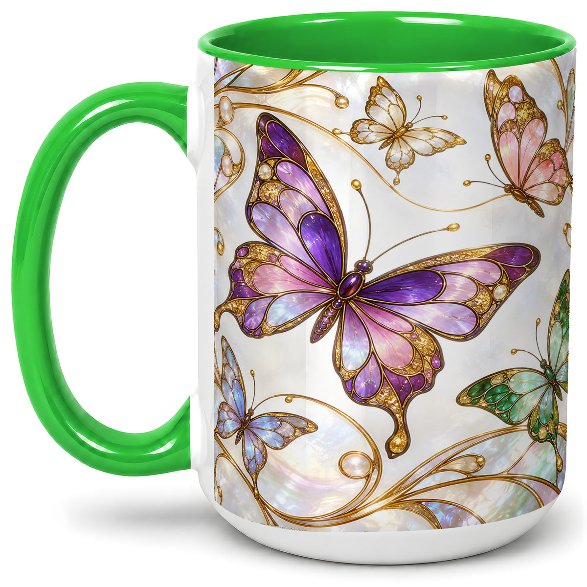 #pl[15oz|Green] Butterfly Stained Glass Style Ceramic Mug, Floral Artwork