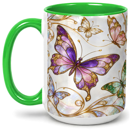 #pl[15oz|Green] Butterfly Stained Glass Style Ceramic Mug, Floral Artwork