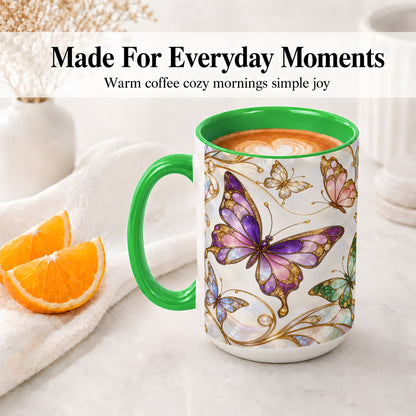#pl[15oz|Green] Butterfly Stained Glass Style Ceramic Mug, Floral Artwork