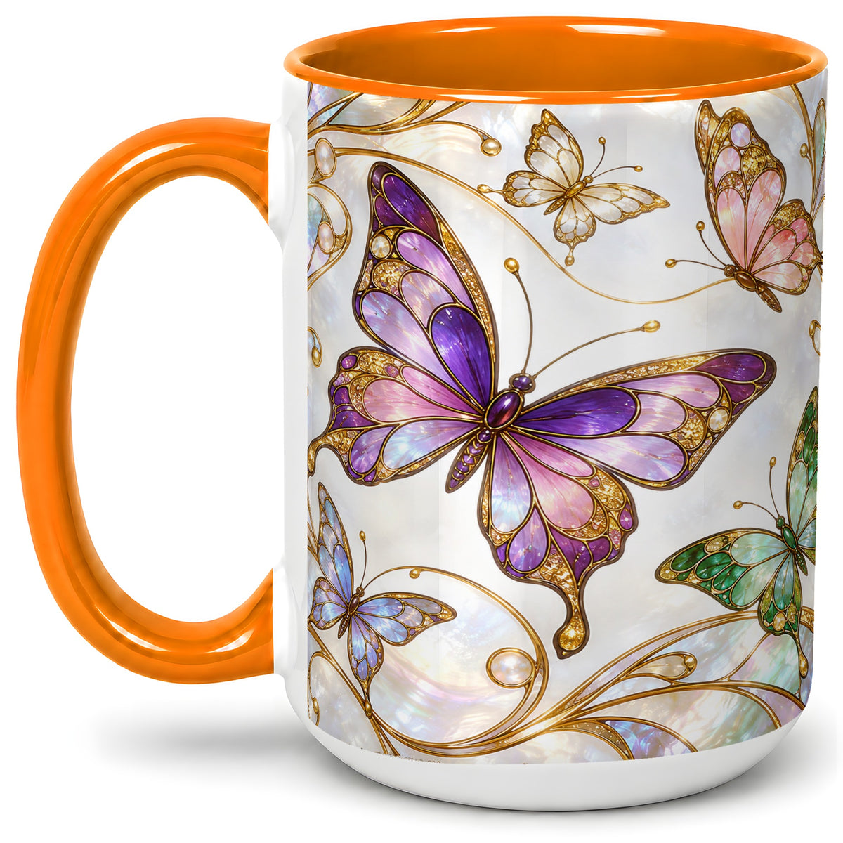 #pl[15oz|Orange] Butterfly Stained Glass Style Ceramic Mug, Floral Artwork