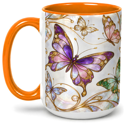 #pl[15oz|Orange] Butterfly Stained Glass Style Ceramic Mug, Floral Artwork