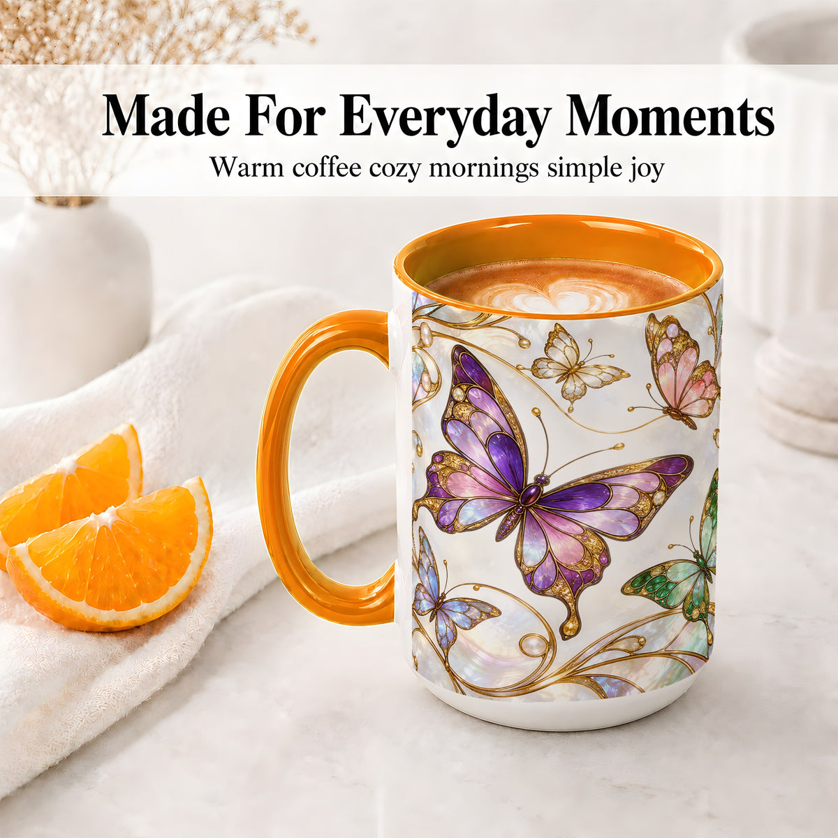 #pl[15oz|Orange] Butterfly Stained Glass Style Ceramic Mug, Floral Artwork