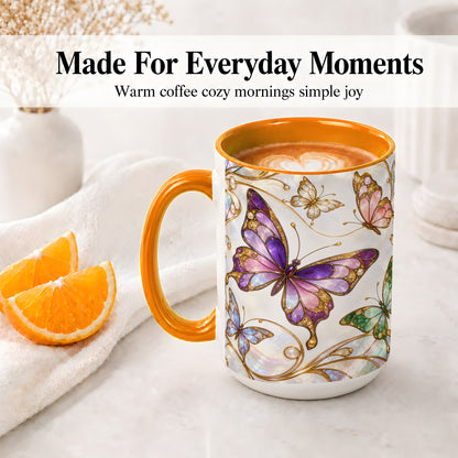 #pl[15oz|Orange] Butterfly Stained Glass Style Ceramic Mug, Floral Artwork