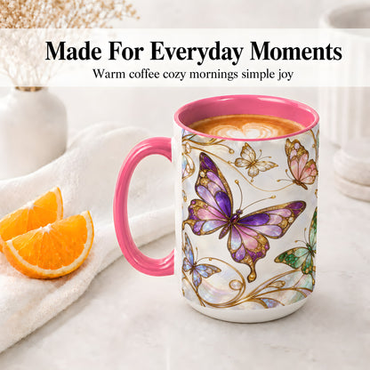 #pl[15oz|Pink] Butterfly Stained Glass Style Ceramic Mug, Floral Artwork