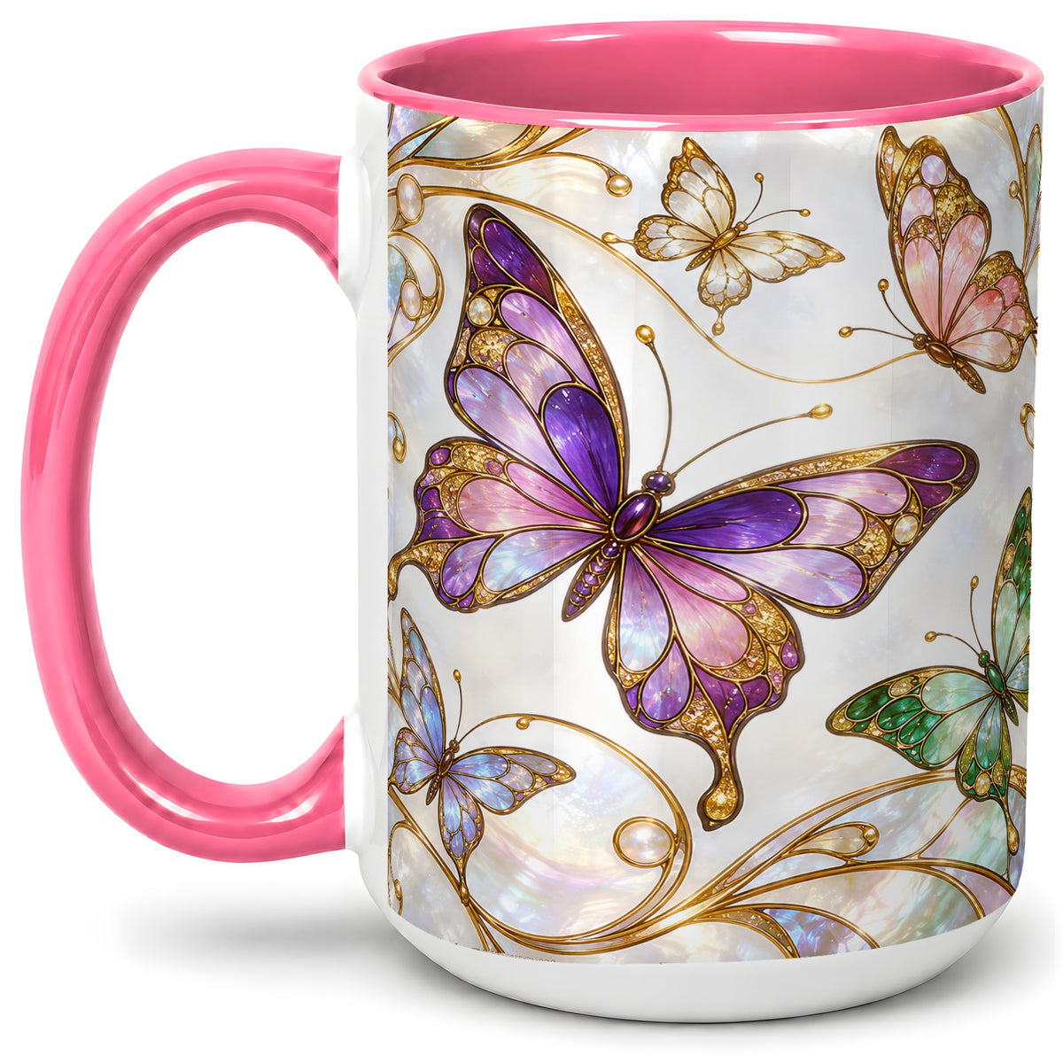 #pl[15oz|Pink] Butterfly Stained Glass Style Ceramic Mug, Floral Artwork