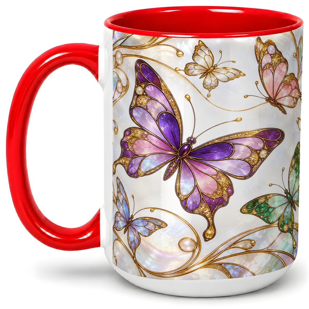 #pl[15oz|Red] Butterfly Stained Glass Style Ceramic Mug, Floral Artwork