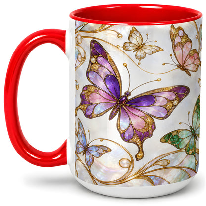 #pl[15oz|Red] Butterfly Stained Glass Style Ceramic Mug, Floral Artwork