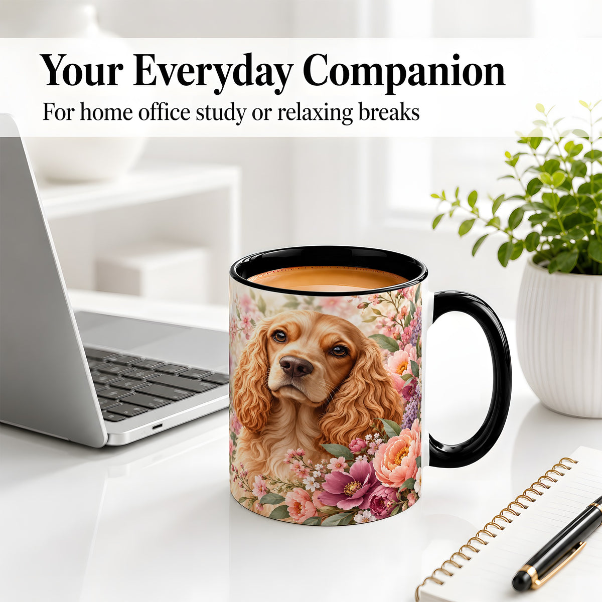 #pl[11oz|Black] Floral Spaniel Dog Ceramic Mug, Botanical Pet Artwork