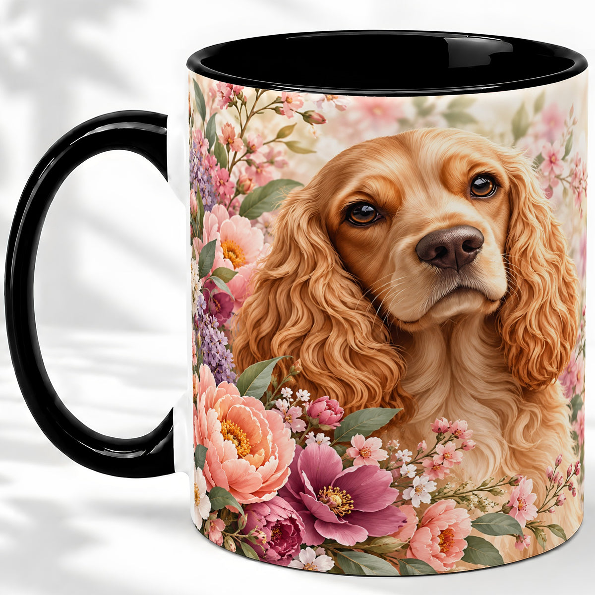 #pl[11oz|Black] Floral Spaniel Dog Ceramic Mug, Botanical Pet Artwork