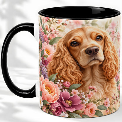 #pl[11oz|Black] Floral Spaniel Dog Ceramic Mug, Botanical Pet Artwork