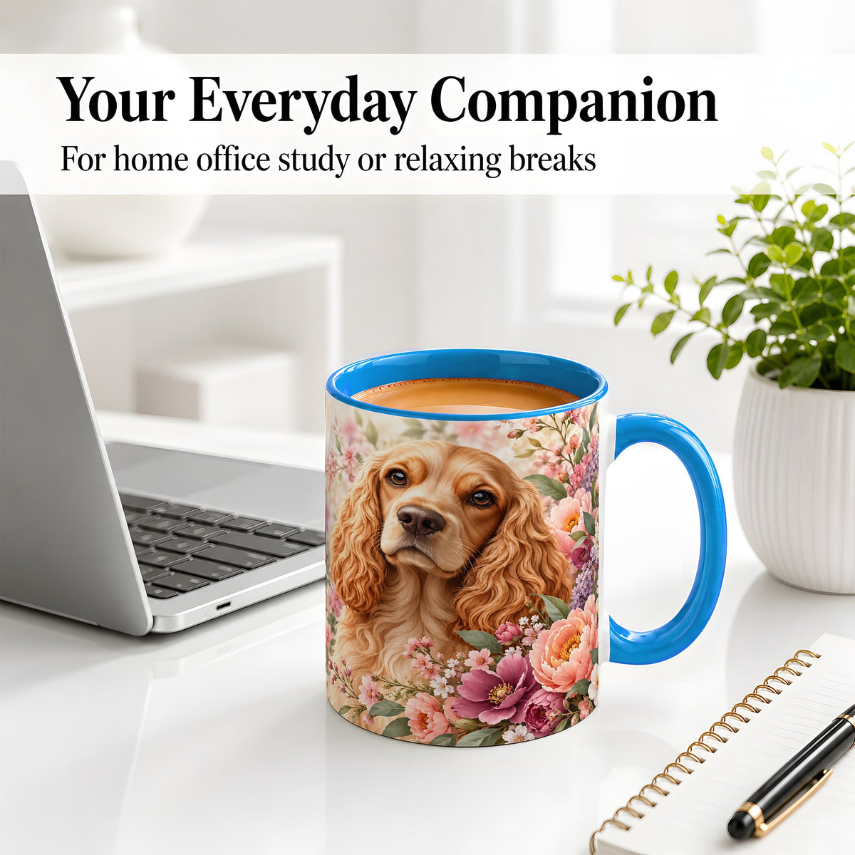 #pl[11oz|Blue] Floral Spaniel Dog Ceramic Mug, Botanical Pet Artwork