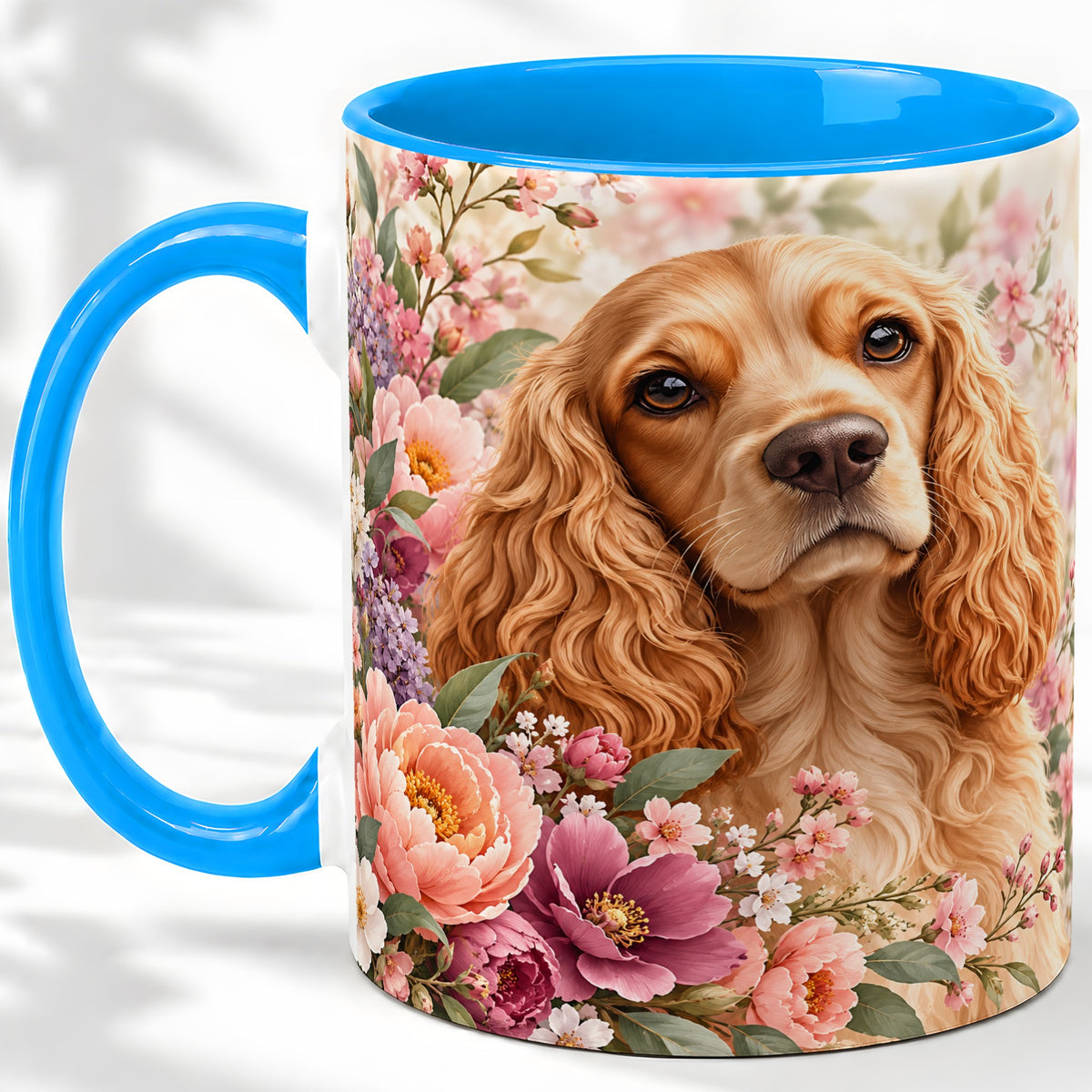 #pl[11oz|Blue] Floral Spaniel Dog Ceramic Mug, Botanical Pet Artwork