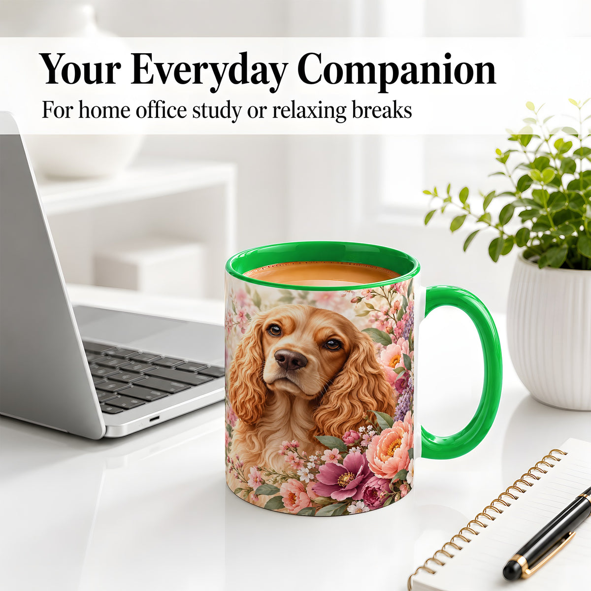 #pl[11oz|Green] Floral Spaniel Dog Ceramic Mug, Botanical Pet Artwork
