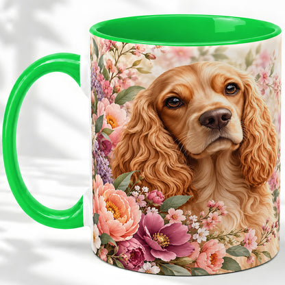 #pl[11oz|Green] Floral Spaniel Dog Ceramic Mug, Botanical Pet Artwork