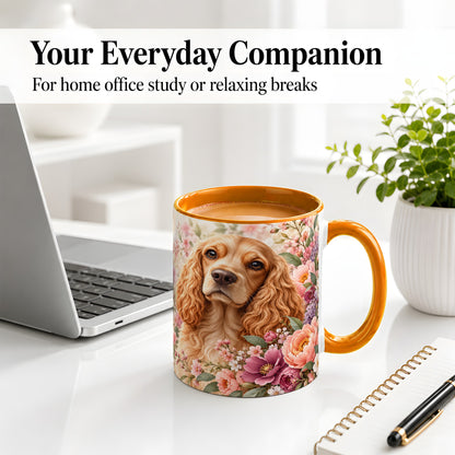 #pl[11oz|Orange] Floral Spaniel Dog Ceramic Mug, Botanical Pet Artwork