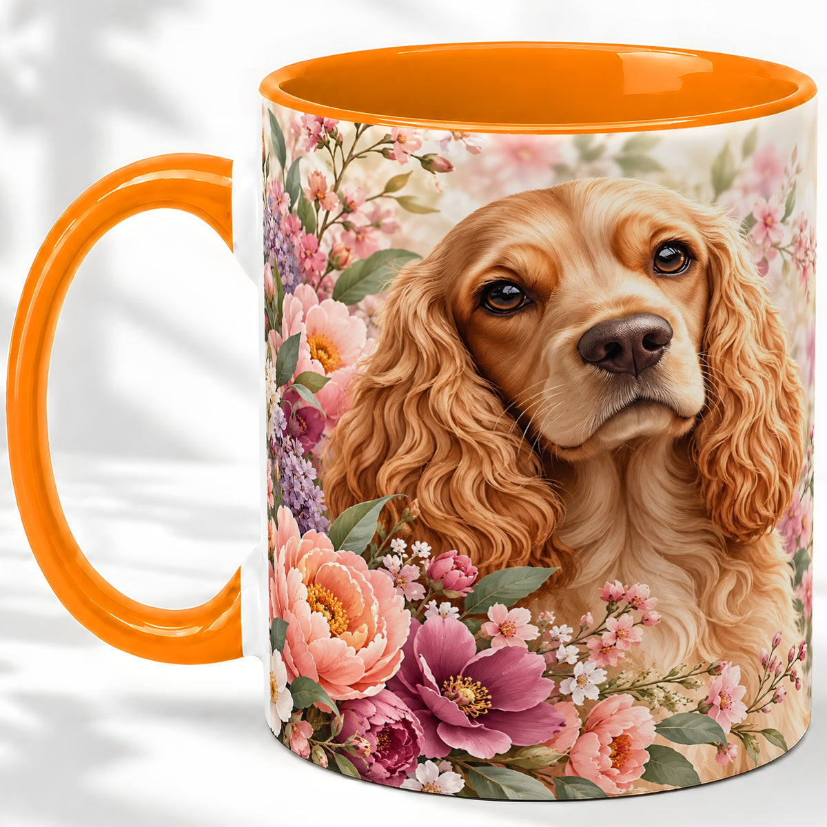 #pl[11oz|Orange] Floral Spaniel Dog Ceramic Mug, Botanical Pet Artwork