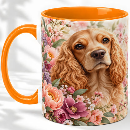 #pl[11oz|Orange] Floral Spaniel Dog Ceramic Mug, Botanical Pet Artwork