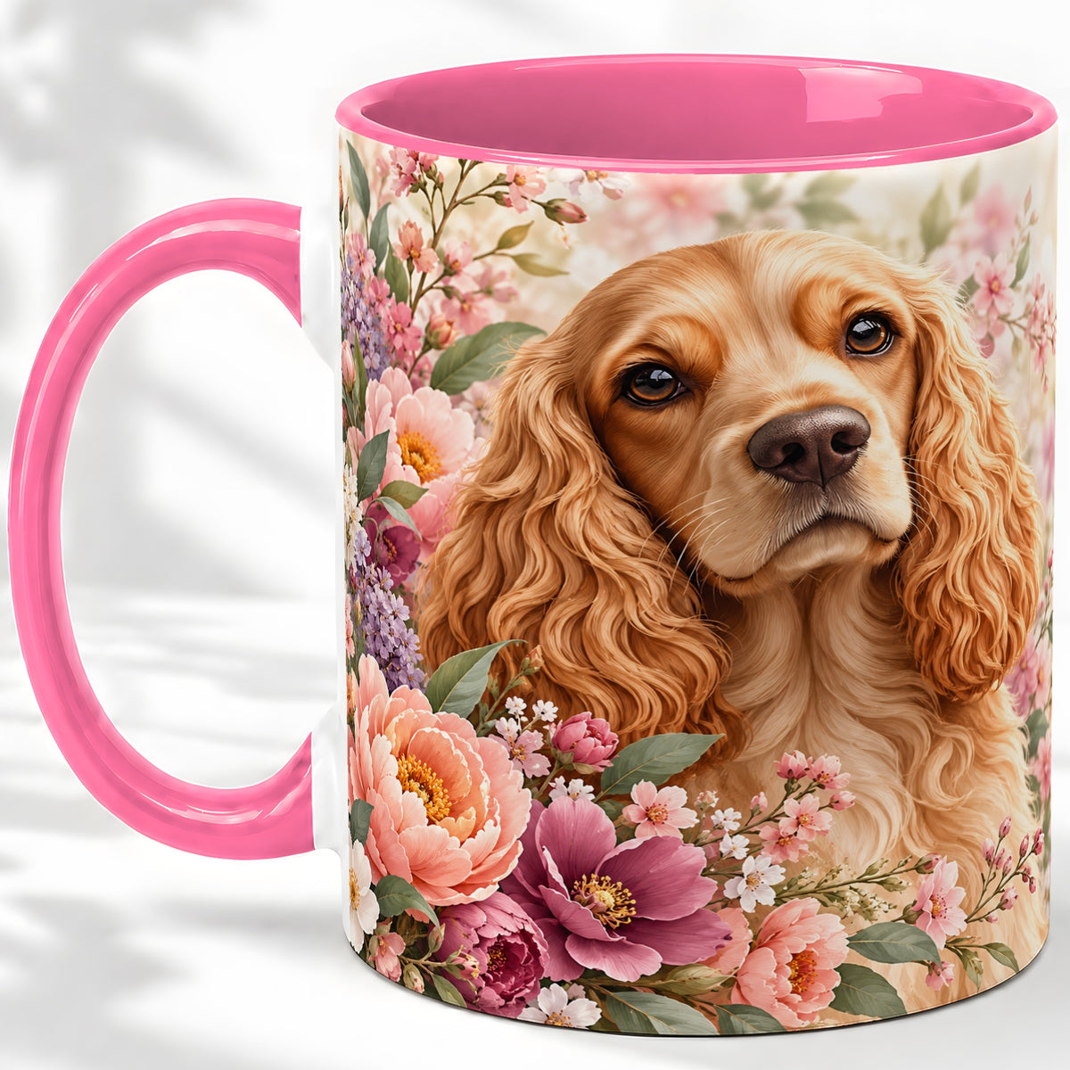 #pl[11oz|Pink] Floral Spaniel Dog Ceramic Mug, Botanical Pet Artwork