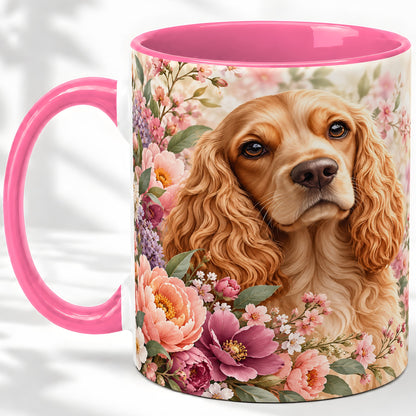 #pl[11oz|Pink] Floral Spaniel Dog Ceramic Mug, Botanical Pet Artwork
