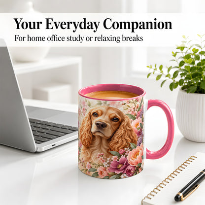 #pl[11oz|Pink] Floral Spaniel Dog Ceramic Mug, Botanical Pet Artwork