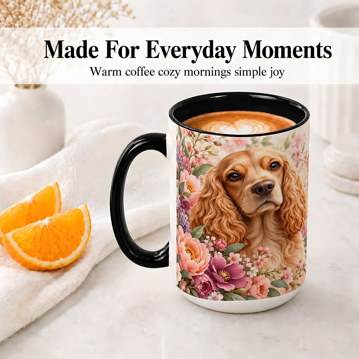 #pl[15oz|Black] Floral Spaniel Dog Ceramic Mug, Botanical Pet Artwork