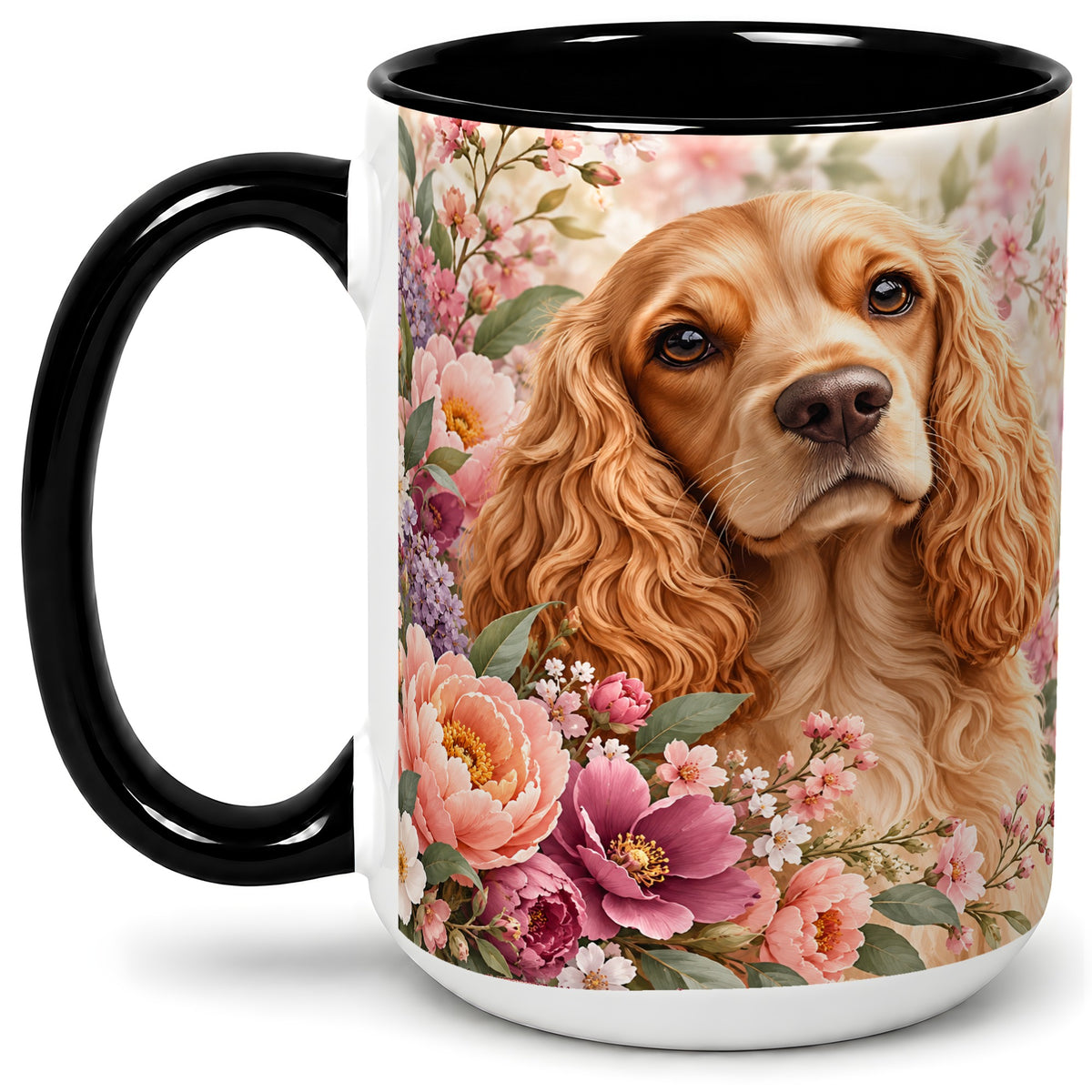 #pl[15oz|Black] Floral Spaniel Dog Ceramic Mug, Botanical Pet Artwork