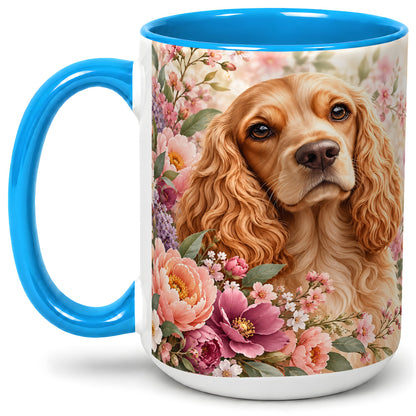 #pl[15oz|Blue] Floral Spaniel Dog Ceramic Mug, Botanical Pet Artwork