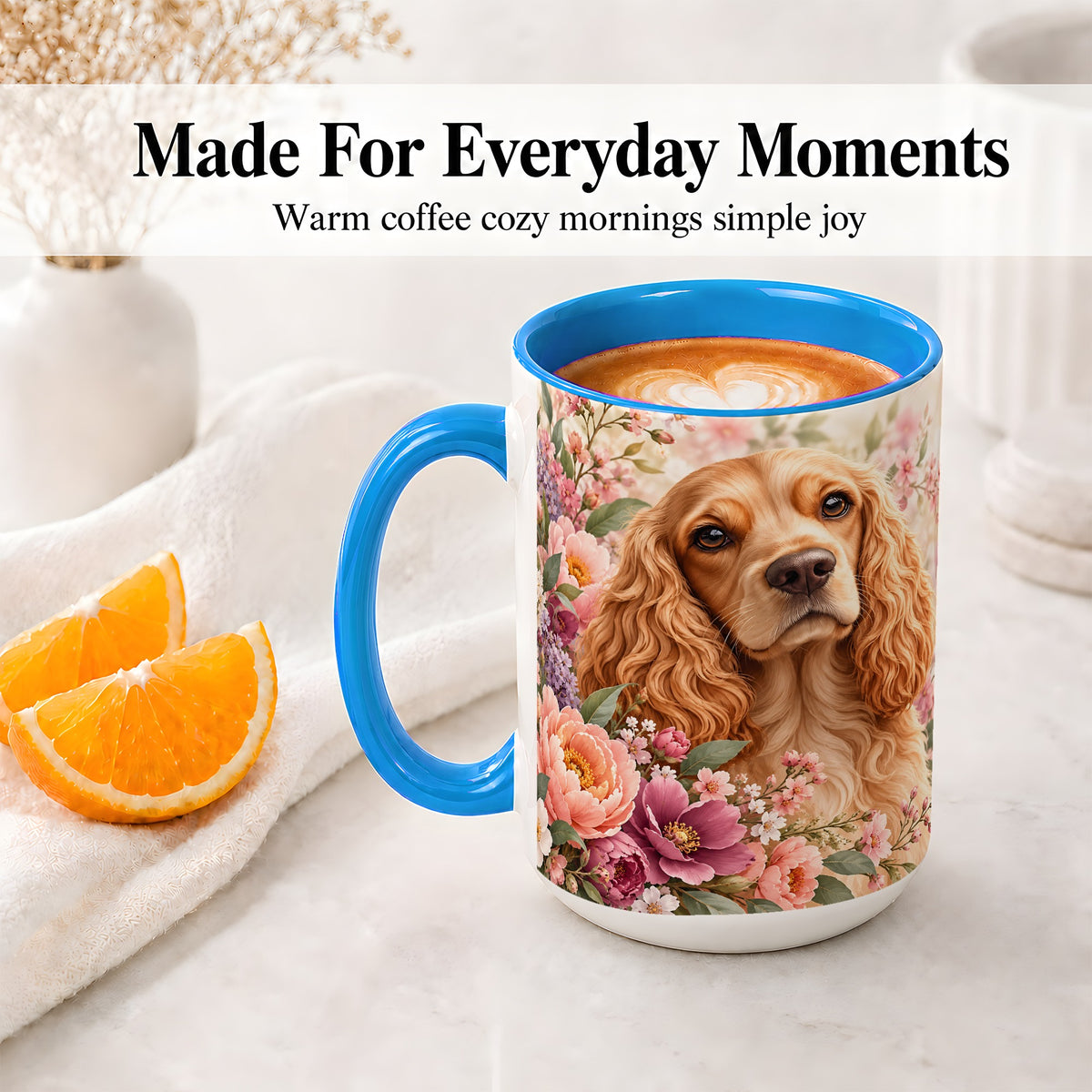 #pl[15oz|Blue] Floral Spaniel Dog Ceramic Mug, Botanical Pet Artwork
