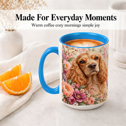 #pl[15oz|Blue] Floral Spaniel Dog Ceramic Mug, Botanical Pet Artwork