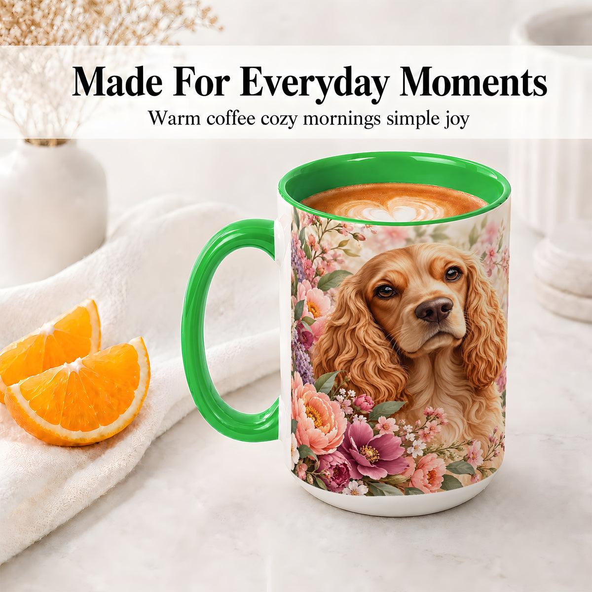 #pl[15oz|Green] Floral Spaniel Dog Ceramic Mug, Botanical Pet Artwork