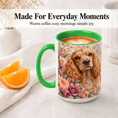 #pl[15oz|Green] Floral Spaniel Dog Ceramic Mug, Botanical Pet Artwork