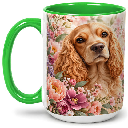 #pl[15oz|Green] Floral Spaniel Dog Ceramic Mug, Botanical Pet Artwork