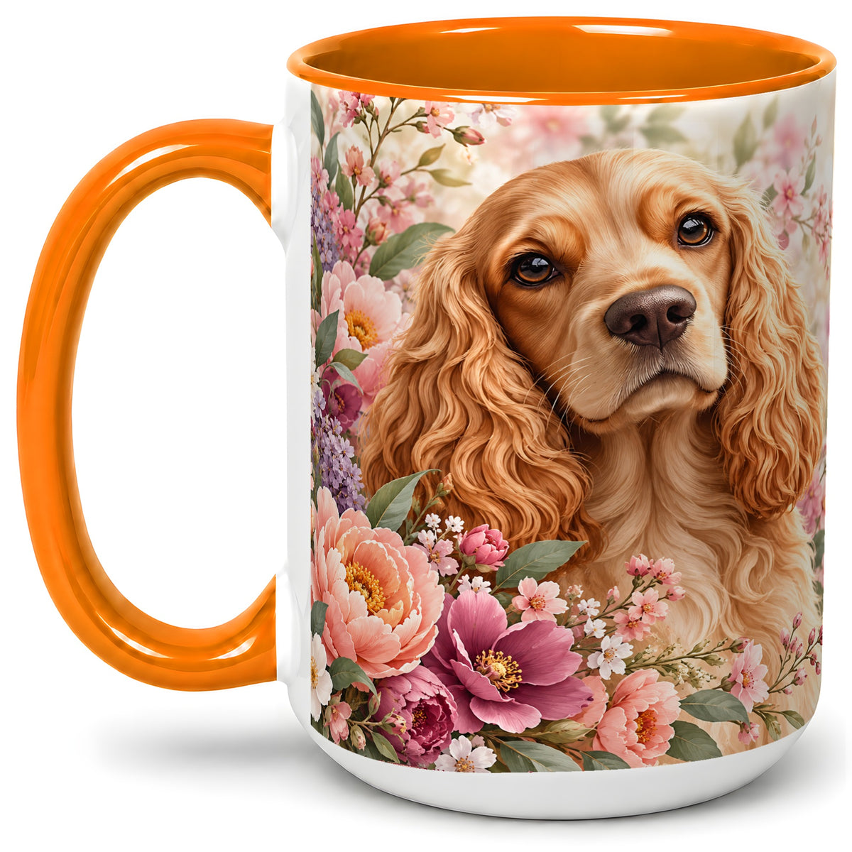 #pl[15oz|Orange] Floral Spaniel Dog Ceramic Mug, Botanical Pet Artwork