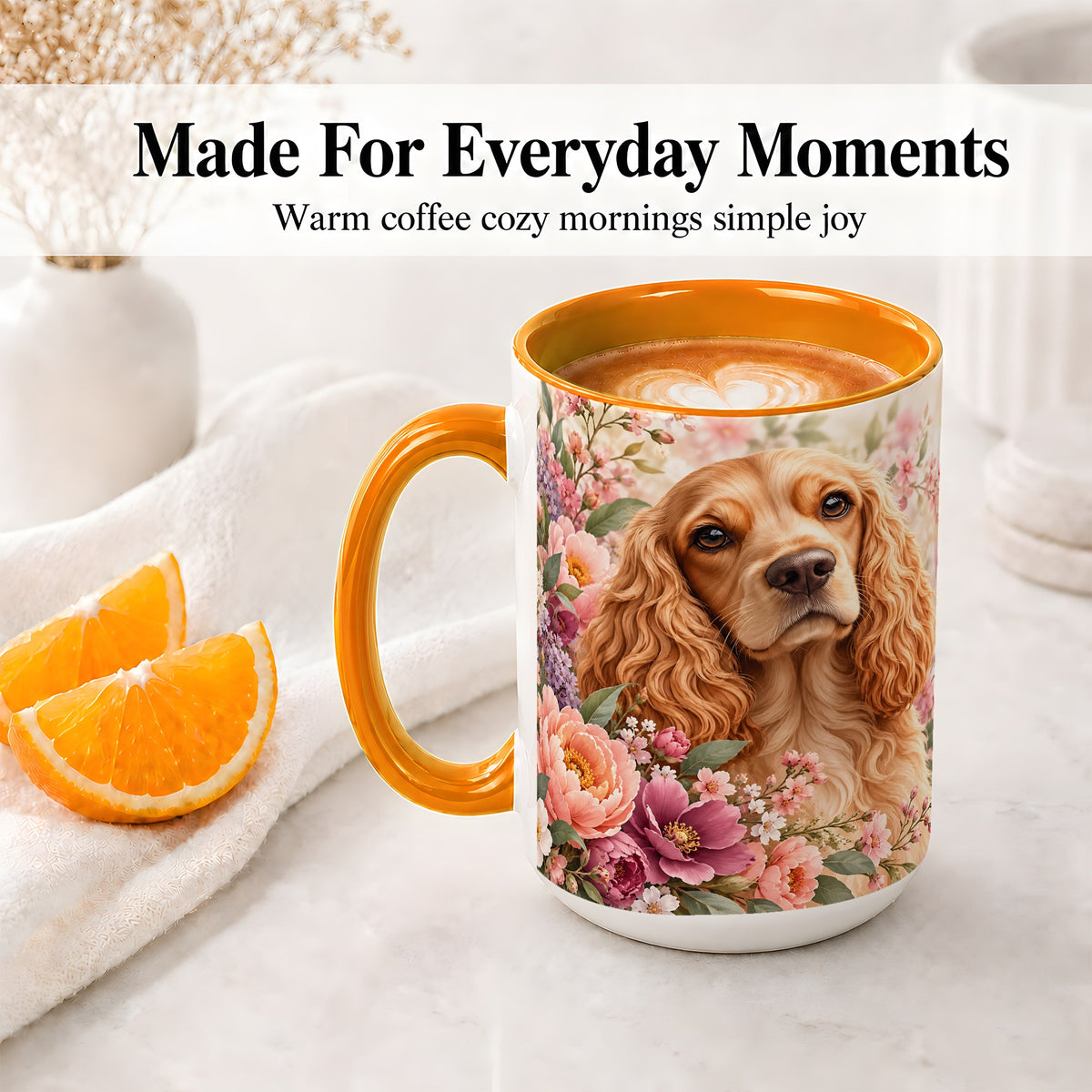 #pl[15oz|Orange] Floral Spaniel Dog Ceramic Mug, Botanical Pet Artwork