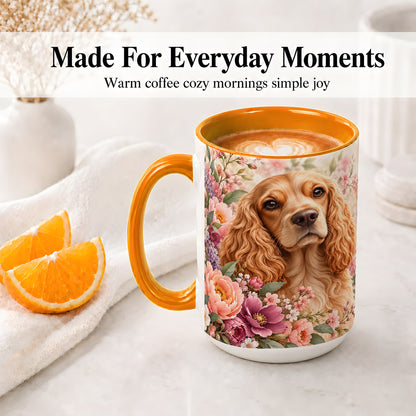 #pl[15oz|Orange] Floral Spaniel Dog Ceramic Mug, Botanical Pet Artwork