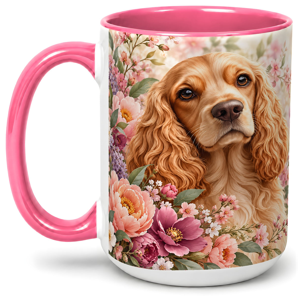 #pl[15oz|Pink] Floral Spaniel Dog Ceramic Mug, Botanical Pet Artwork