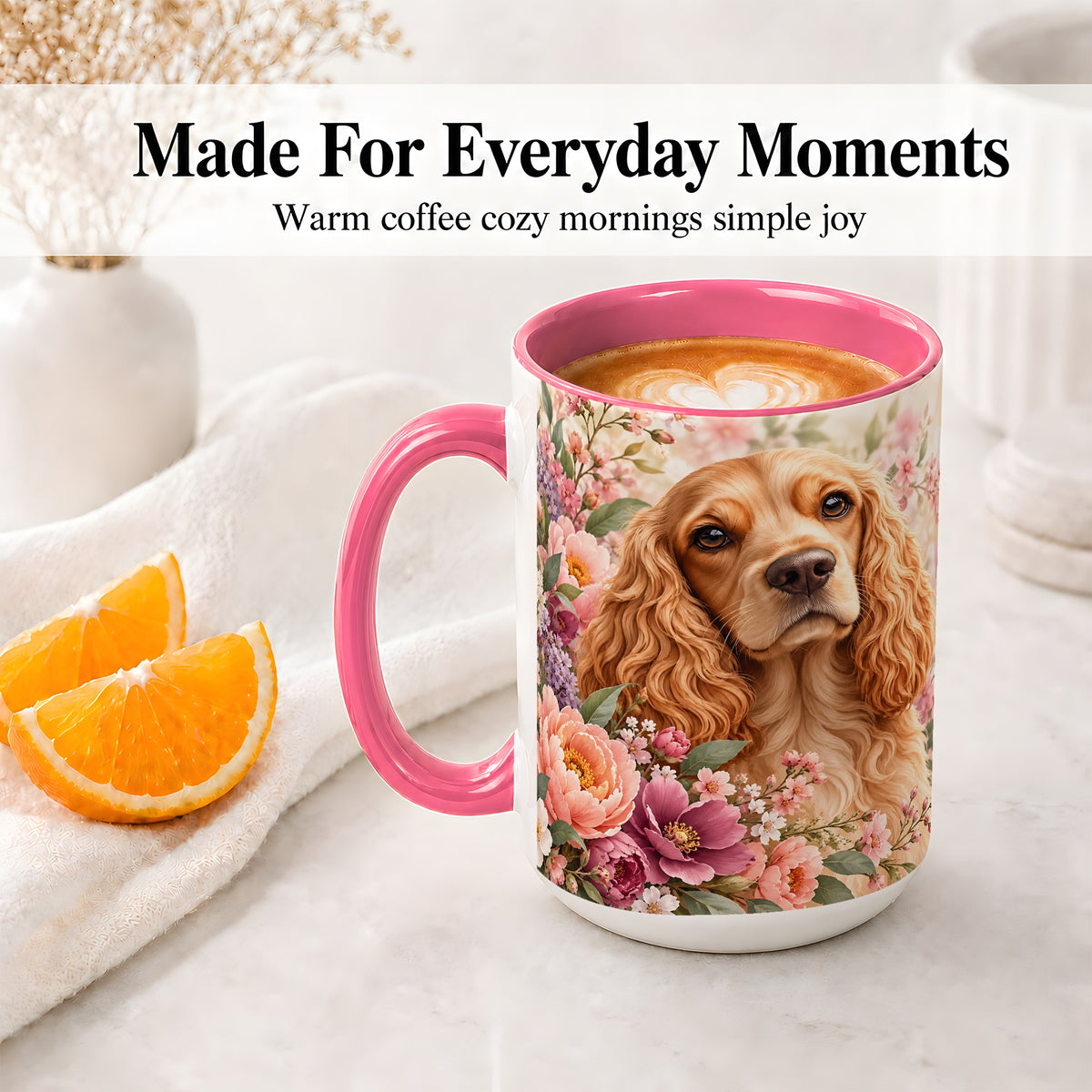 #pl[15oz|Pink] Floral Spaniel Dog Ceramic Mug, Botanical Pet Artwork