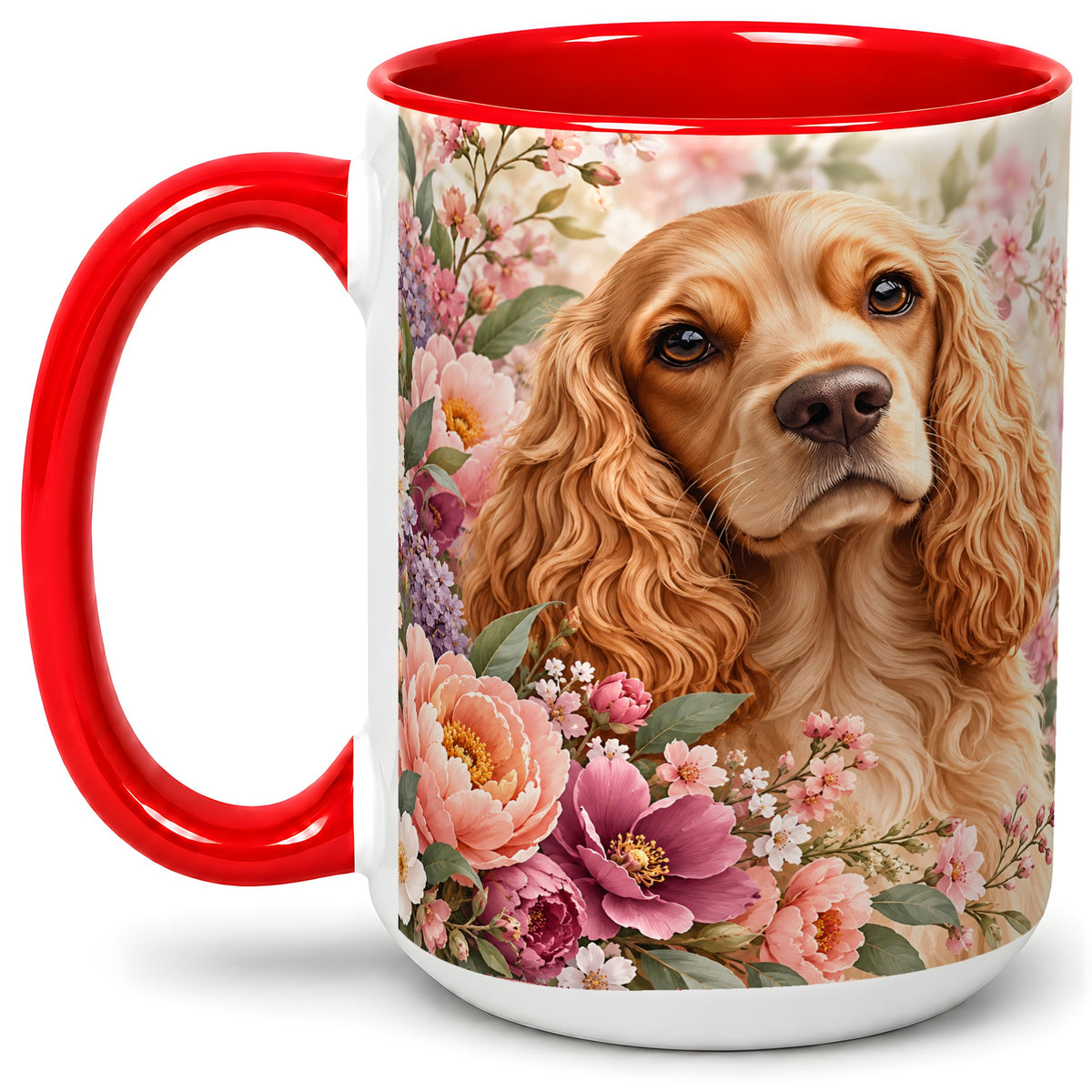 #pl[15oz|Red] Floral Spaniel Dog Ceramic Mug, Botanical Pet Artwork