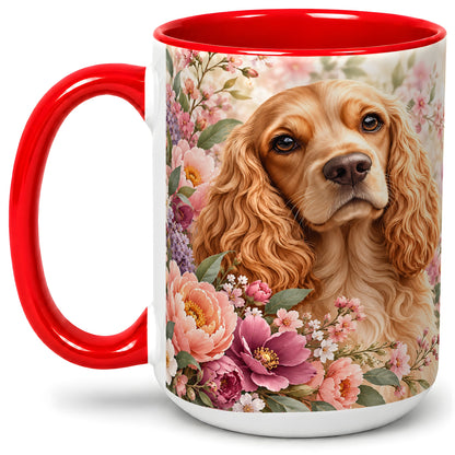#pl[15oz|Red] Floral Spaniel Dog Ceramic Mug, Botanical Pet Artwork